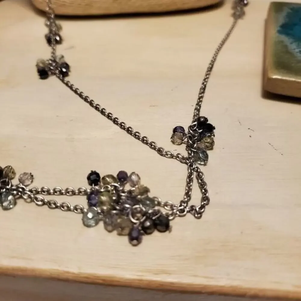 Coldwater Creek Gunmetal Long Beaded Necklace Grey Iridescent Navy‎ Cluster